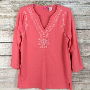 Pappagallo Tunic Top Pullover Floral Embellished Pink Cotton Medium